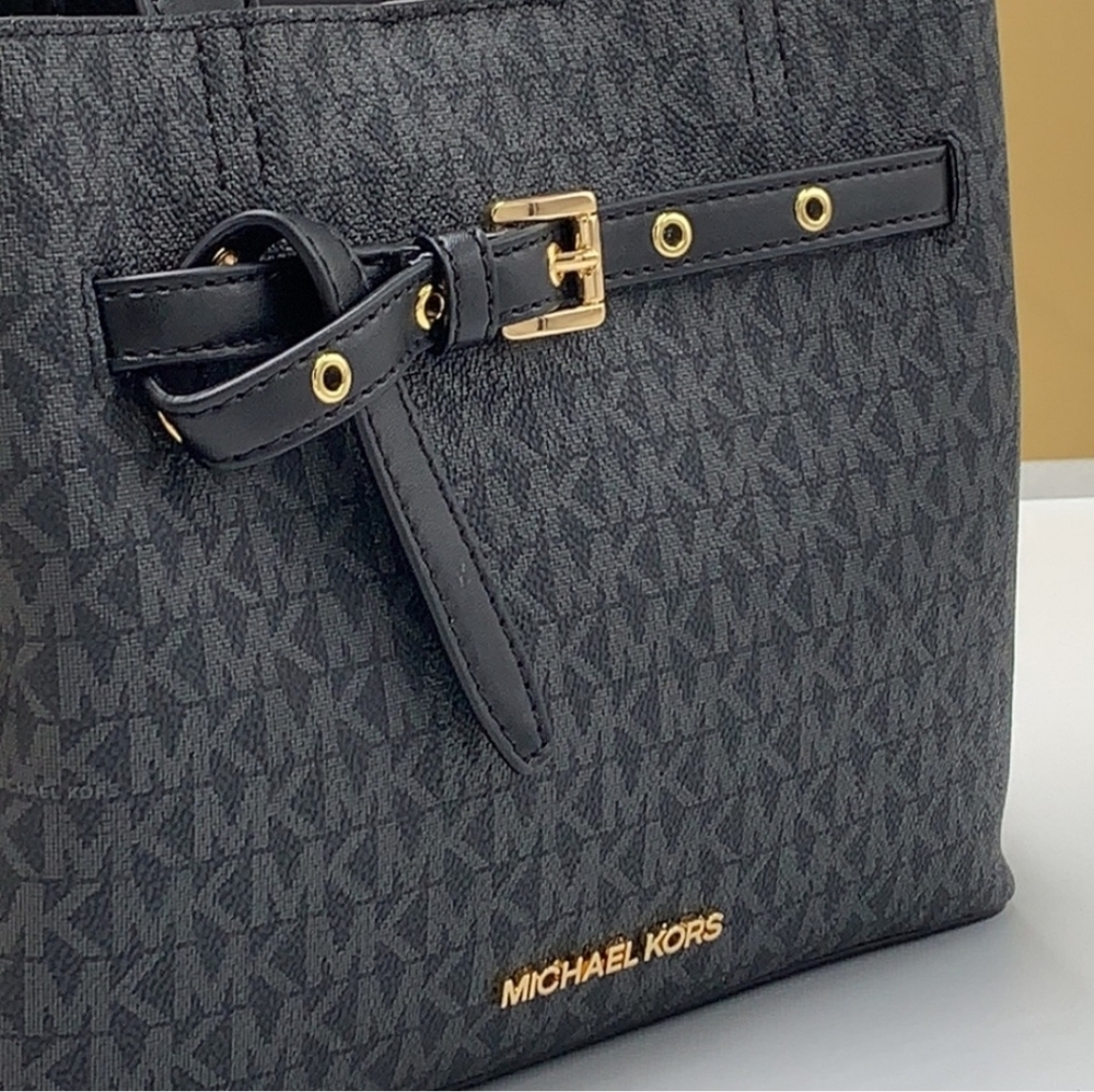 Michael Kors Black and Gold Emilia Satchel With Crossbody Strap - Picture 2 of 4